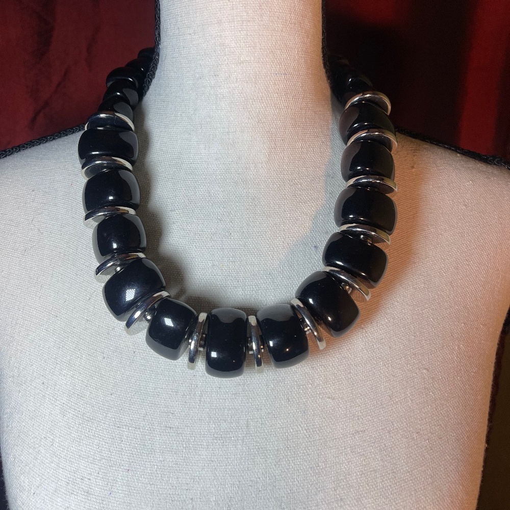 Chico's Short Black & Silver Disk Beads Necklace